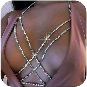 14K Cross Diamond Plated Body Chain Women Layered Rhinestone Bikini Bra Jewelry